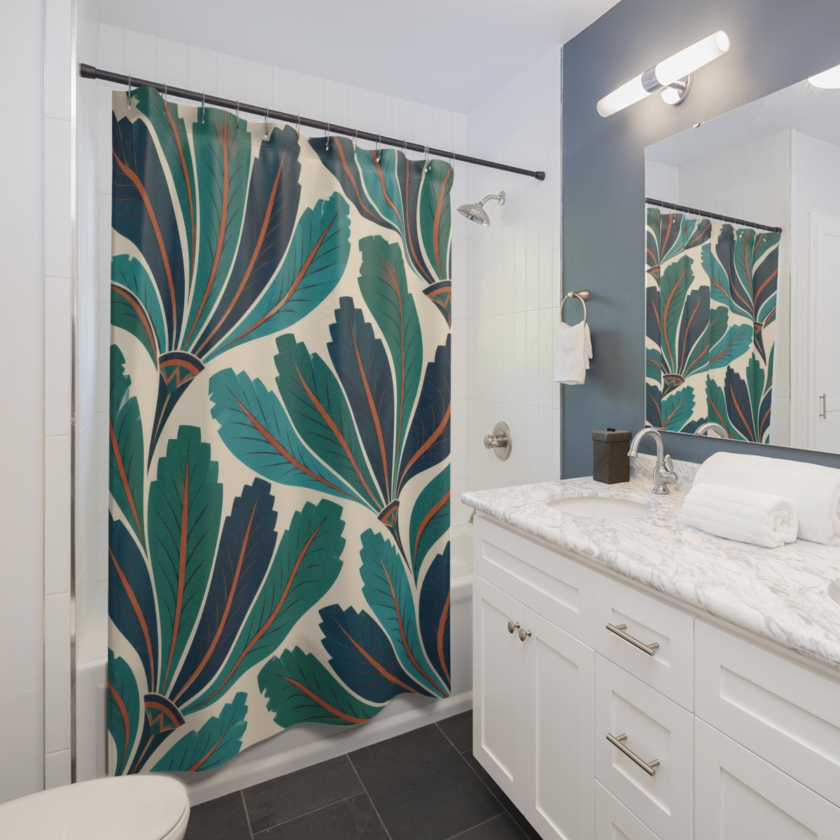 Jade and turquoise feather fans on ivory shower curtain beside a white vanity