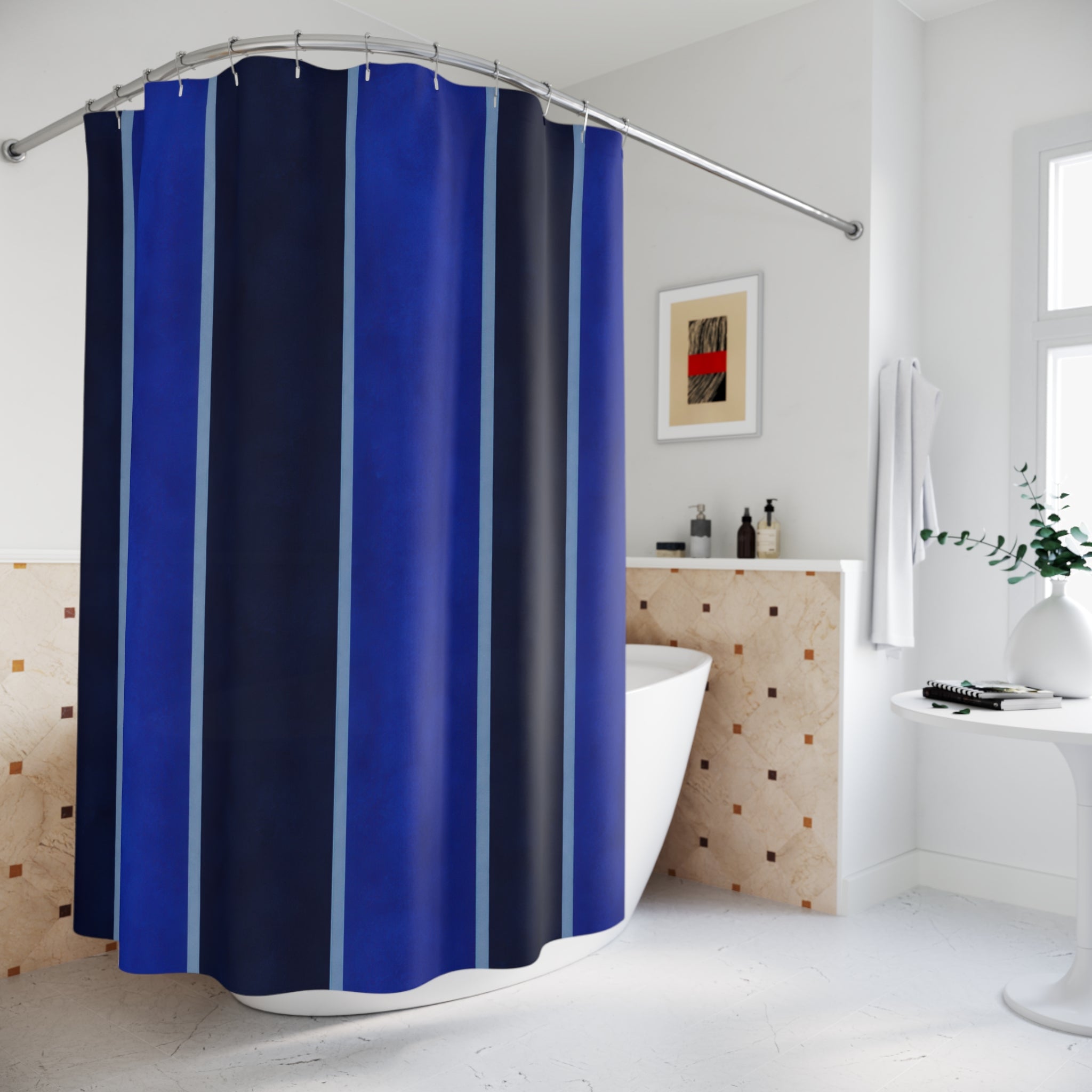 Navy Cobalt Vertical Panel Stripe Shower Curtain