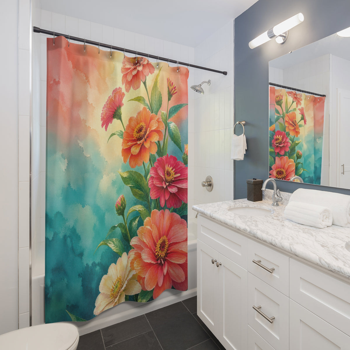 Coral Teal Zinnia Shower Curtain