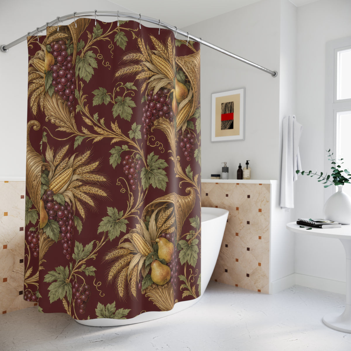 Gold cornucopias with pears and grapes on burgundy shower curtain beside a freestanding tub