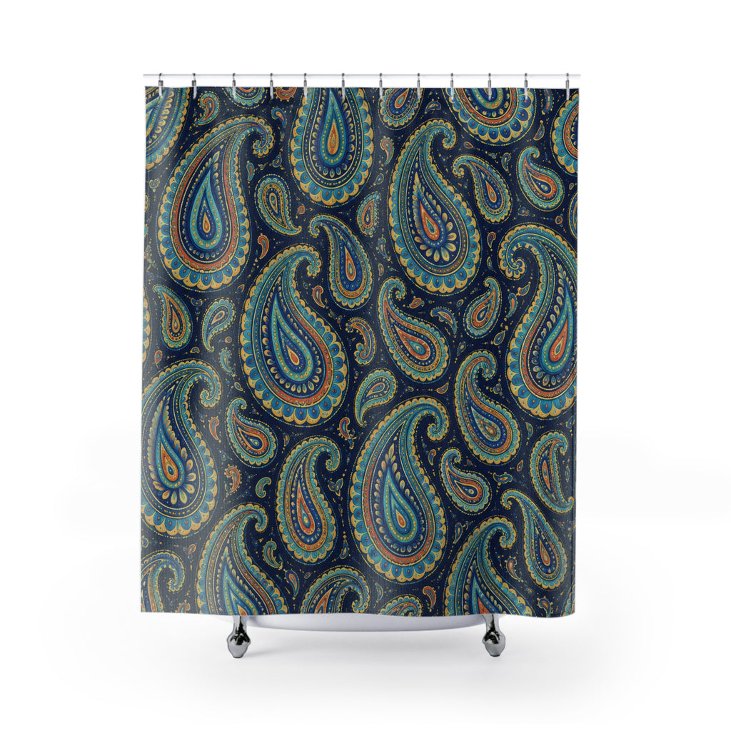 Turquoise paisley with golden yellow detail on navy shower curtain with full front view