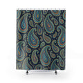 Turquoise paisley with golden yellow detail on navy shower curtain with full front view