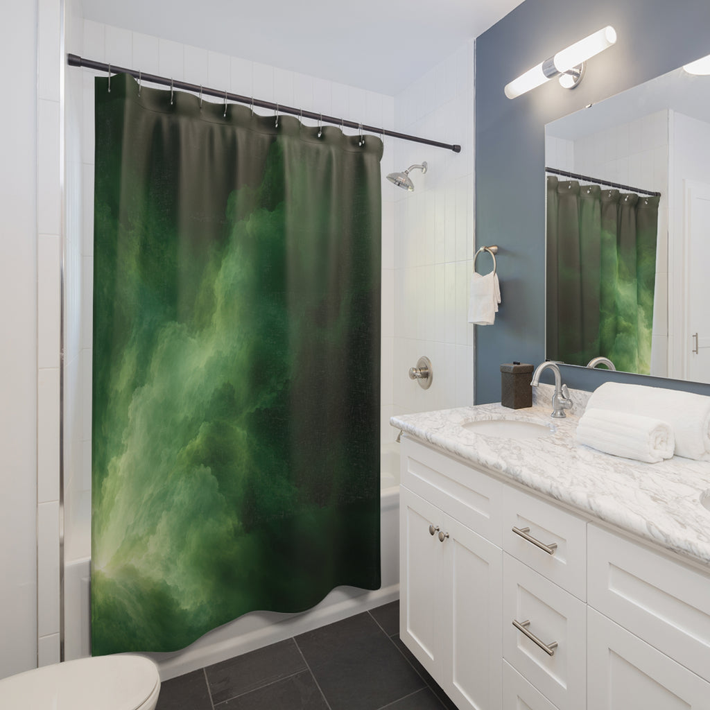 Forest green clouds with pale green light shower curtain beside a white vanity