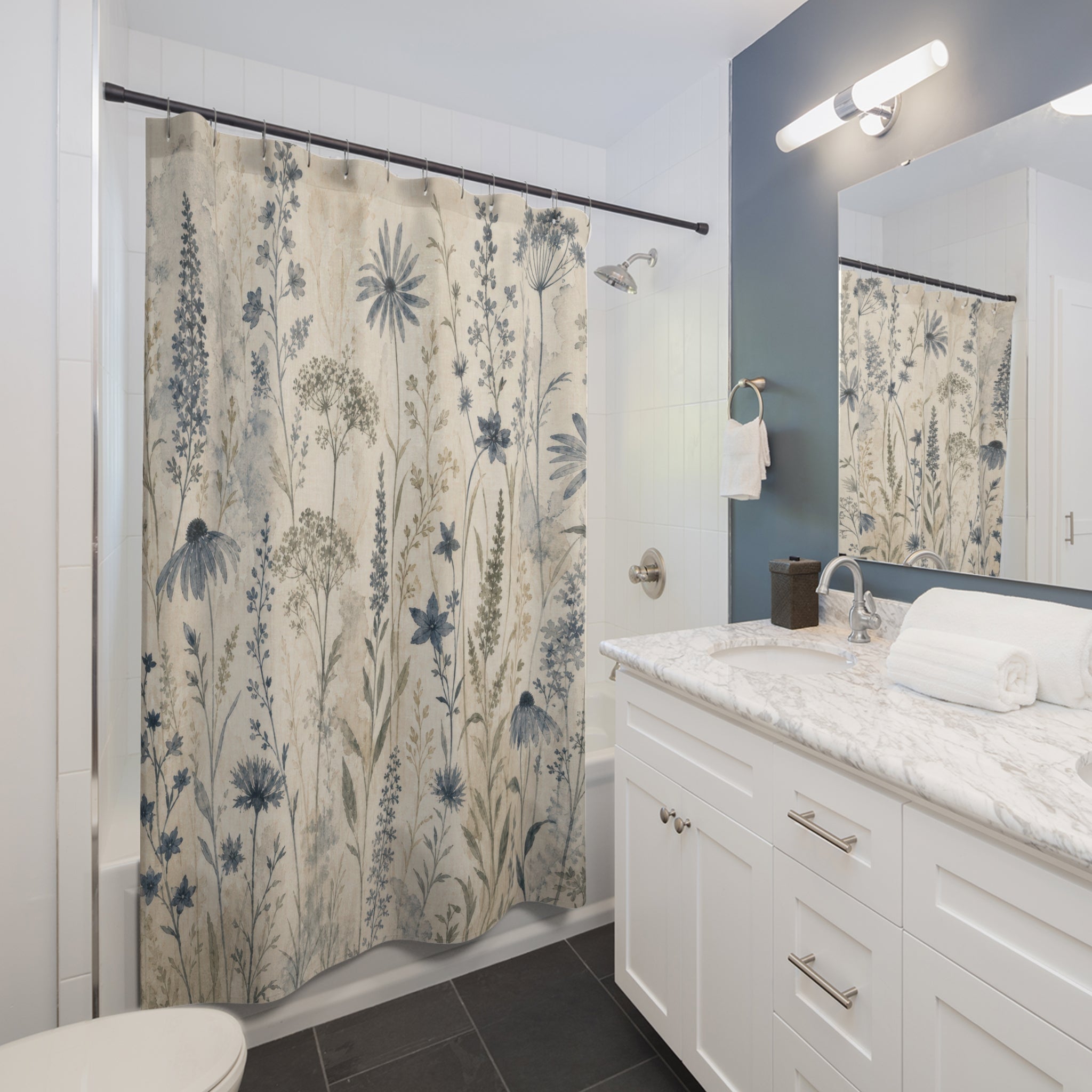 Dusky Blue Wildflower Shower Curtain