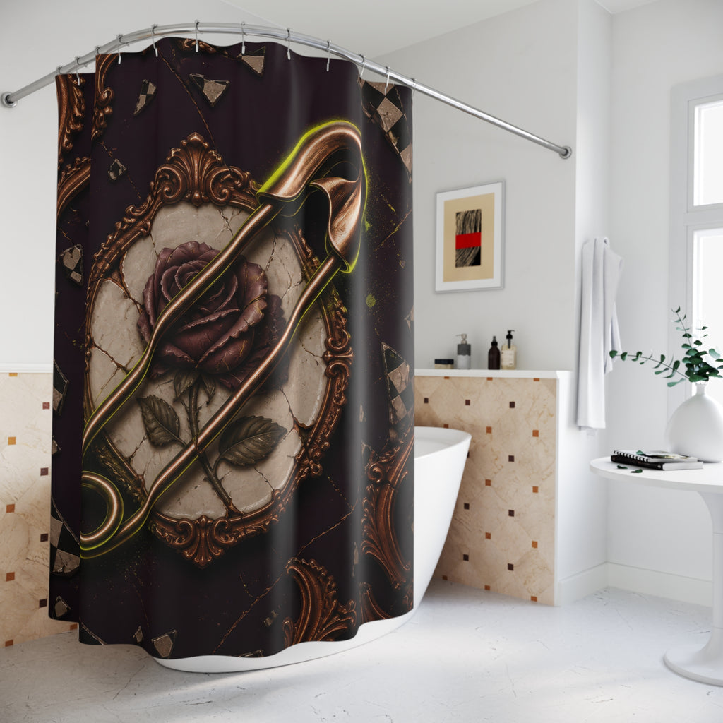 Safety pin crossing a cracked porcelain rose with checker shards shower curtain beside a freestanding tub