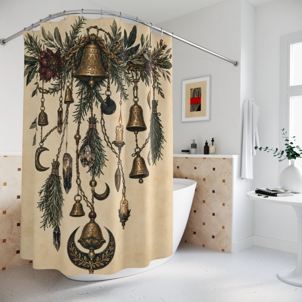 Wiccan hanging herbs bells crystals and lunar talismans shower curtain beside a freestanding tub