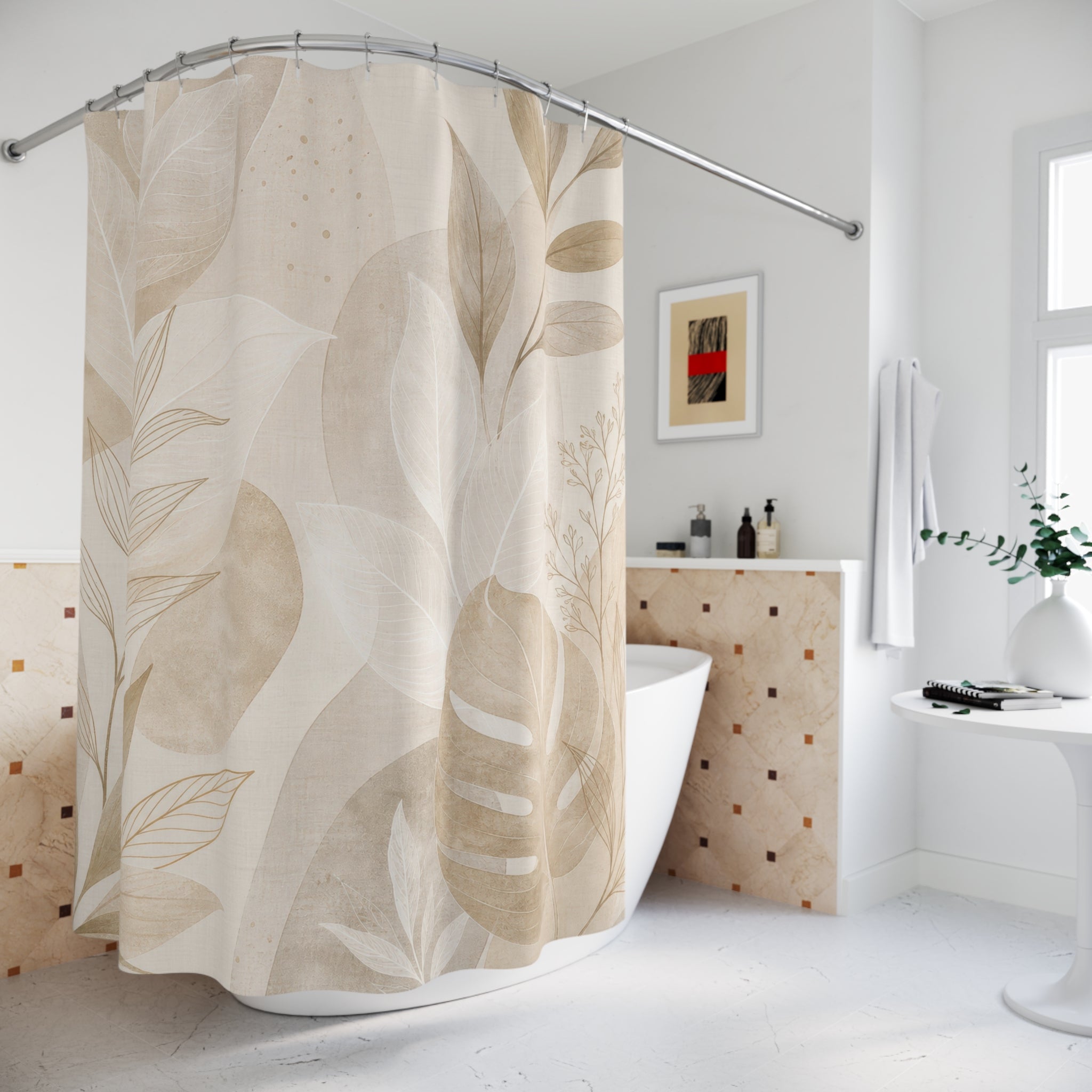 Light Beige Shower Curtain, Ivory Botanical Leaf Bath Decor, Neutral Cream Taupe Pattern, Elegant Spa Guest Bathroom Decor, Warm Neutral