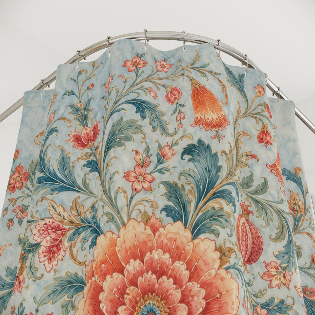 Airy blue pink Jacobean floral medallion shower curtain with close-up print, hooks, and folds