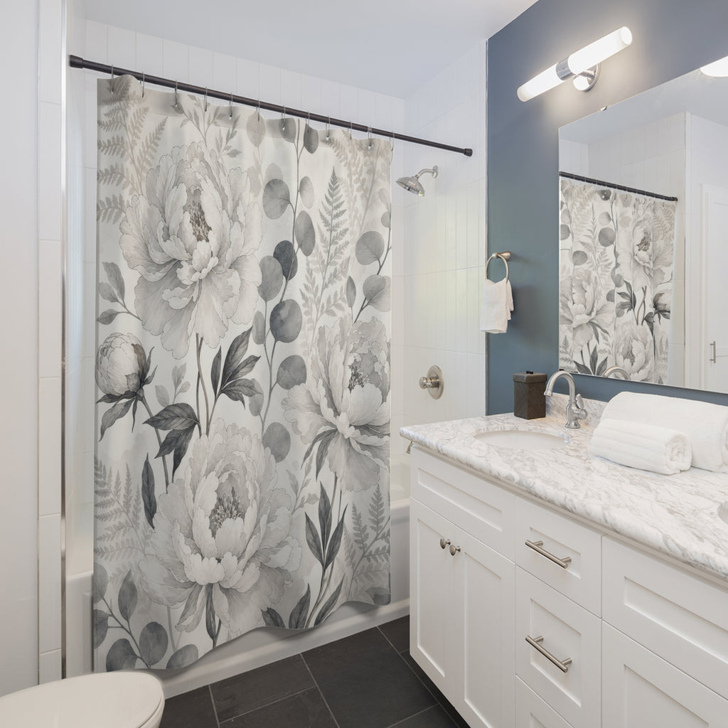 Gray White Peony Botanical Shower Curtain