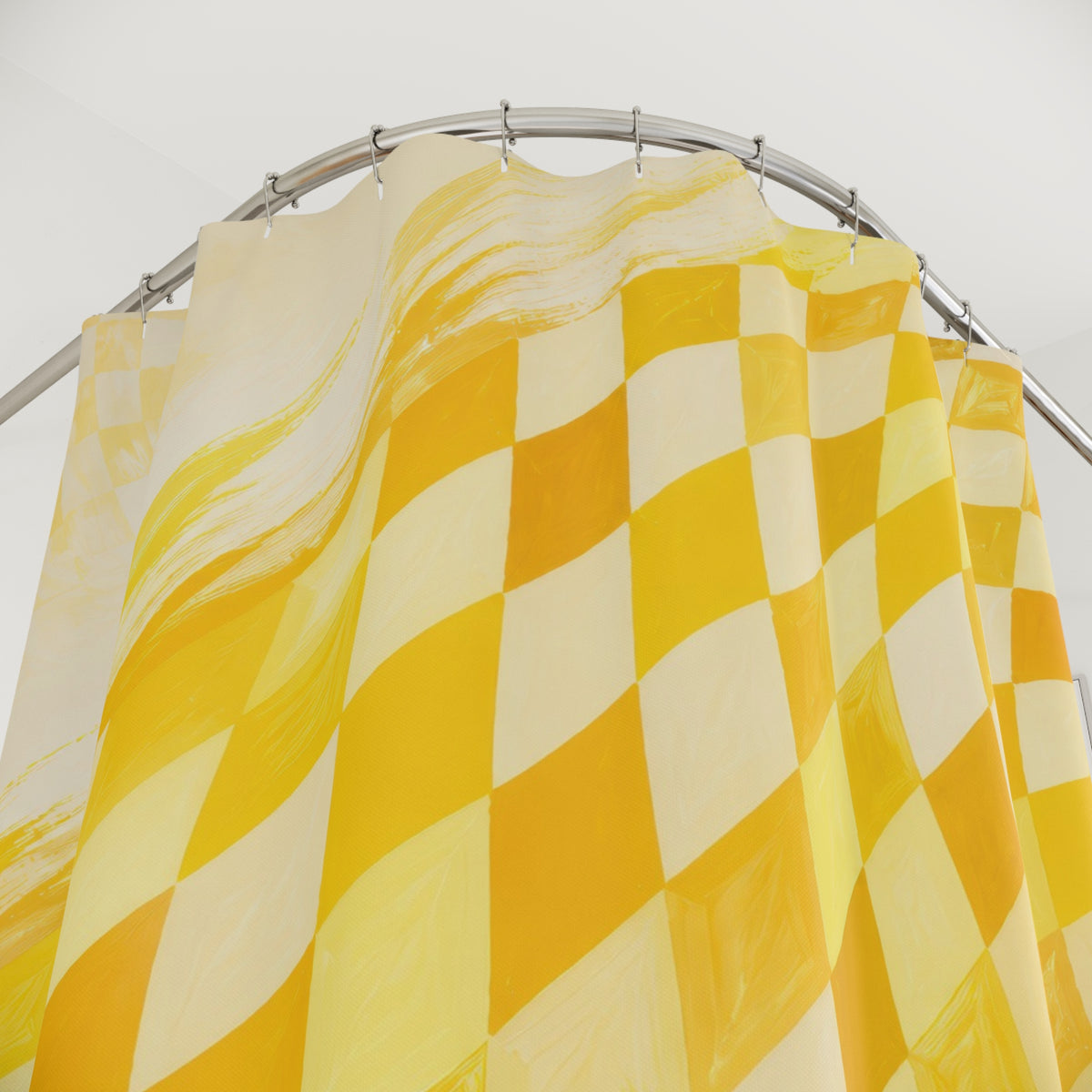 Saffron yellow checker wave on cream shower curtain with close-up print, hooks, and folds