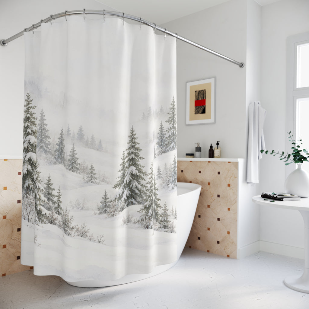 Snow-laden sage-gray pines in white mist and drifts shower curtain beside a freestanding tub