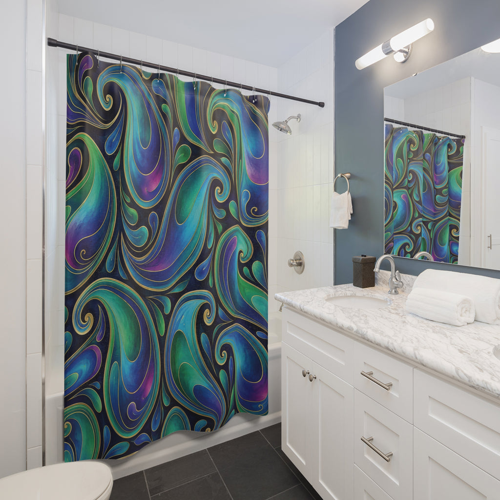 Iridescent teal and violet paisleys with gold-tone outlines shower curtain beside a white vanity