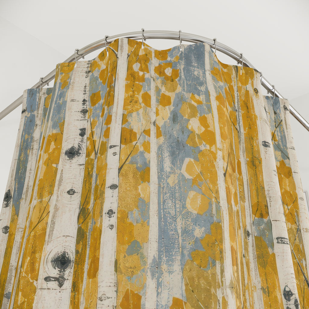 Painterly Aspen Shower Curtain, Golden Leaf Forest Bath Decor, Sage Green Tree Pattern, Rustic Nature Inspired Cabin Bathroom Decor