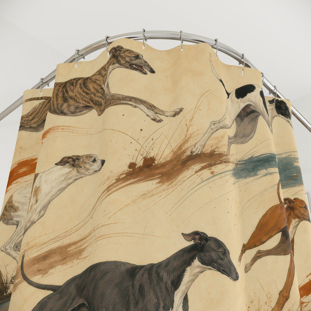 Running whippets with rust and teal brushstrokes shower curtain with close-up print, hooks, and folds