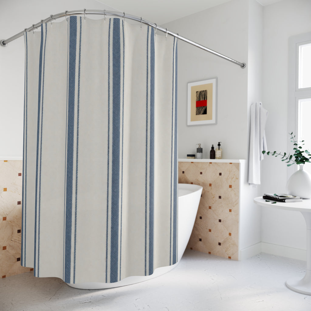 Blue Ticking Stripe Shower Curtain – Navy and Ivory