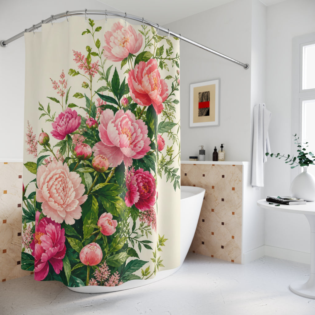 Green and pink peony garden garland shower curtain beside a freestanding tub