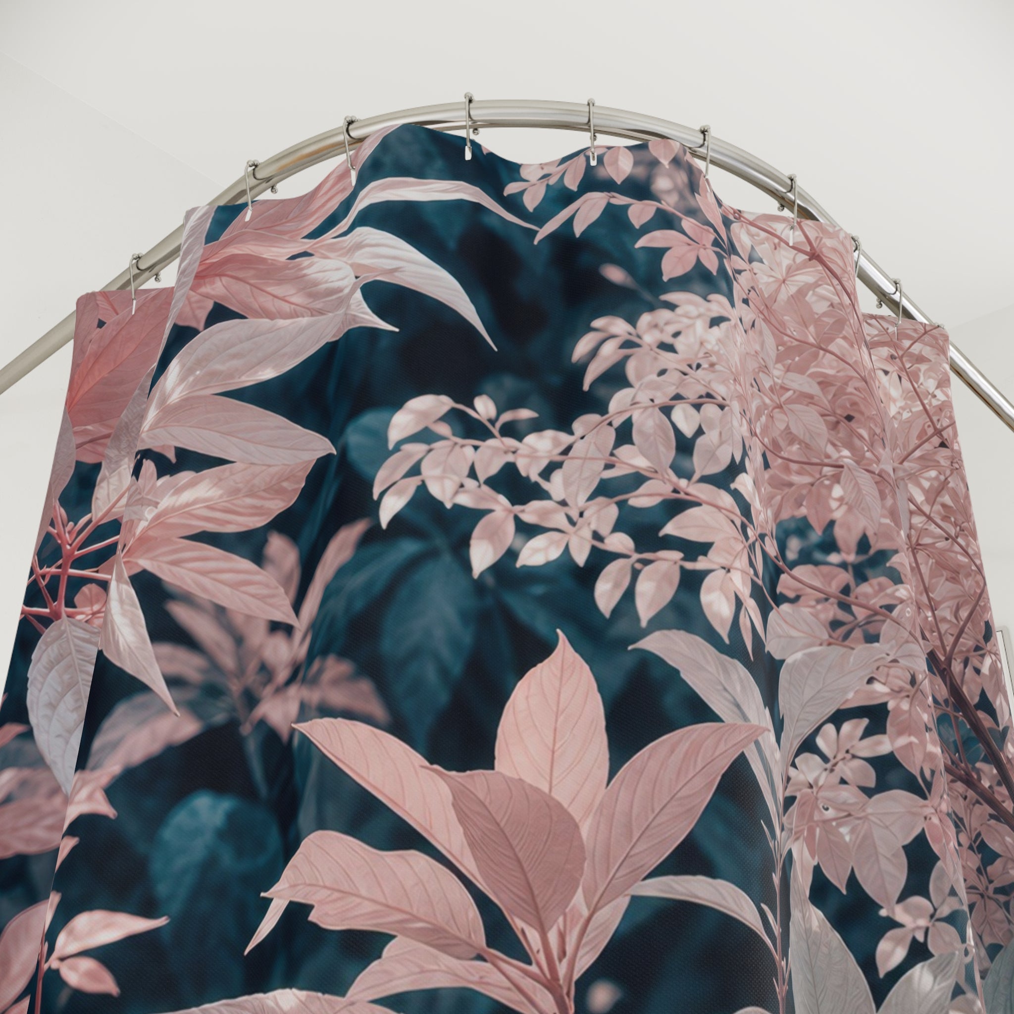 Pink Floral Shower Curtain, Dark Botanical Bath Decor, Rose Leaf Pattern, Moody Guest Bathroom Decor, Teal Garden Style, Rose Garden Style