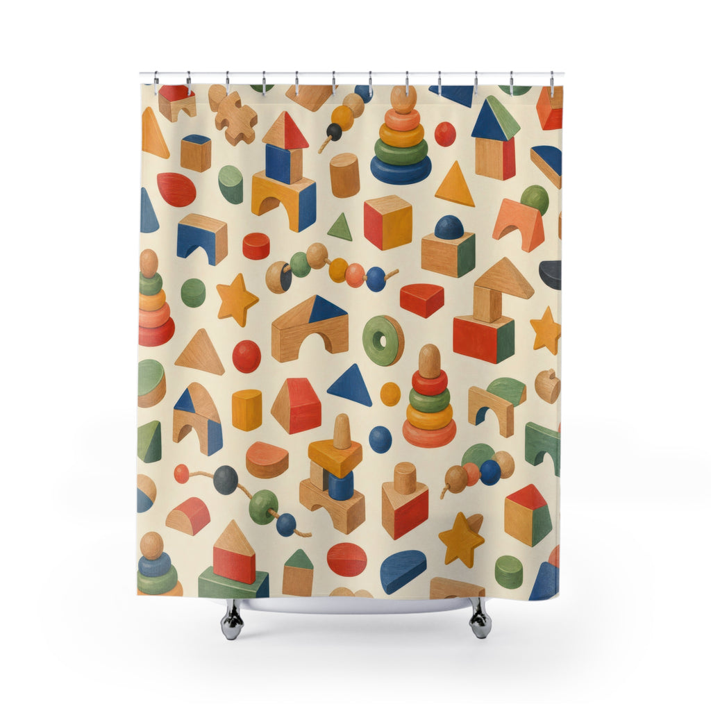 Kids Wooden Toy Shower Curtain, Block Stacking Pattern, Montessori Inspired Bathroom Decor, Playroom Nursery Wall Decor Guest Bath Gift