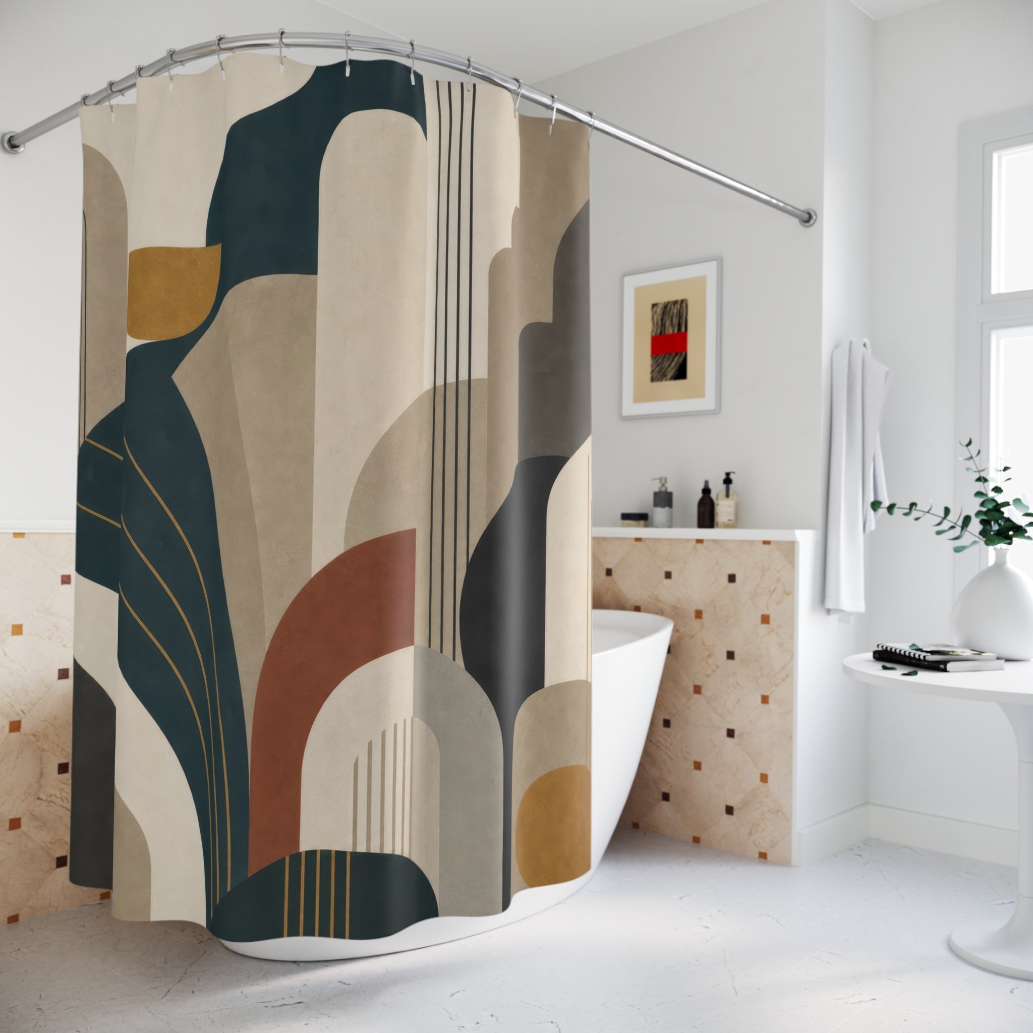 Art Deco Shower Curtain, Teal Fan and Arch Pattern, Black Cream Geometric Bath Decor, Modern Dark Bathroom Style, Moody Guest Bath