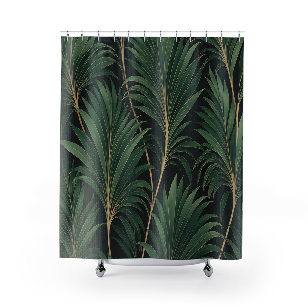Jade palm fans with fine gold-tone lines on black shower curtain with full front view