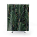 Jade palm fans with fine gold-tone lines on black shower curtain with full front view