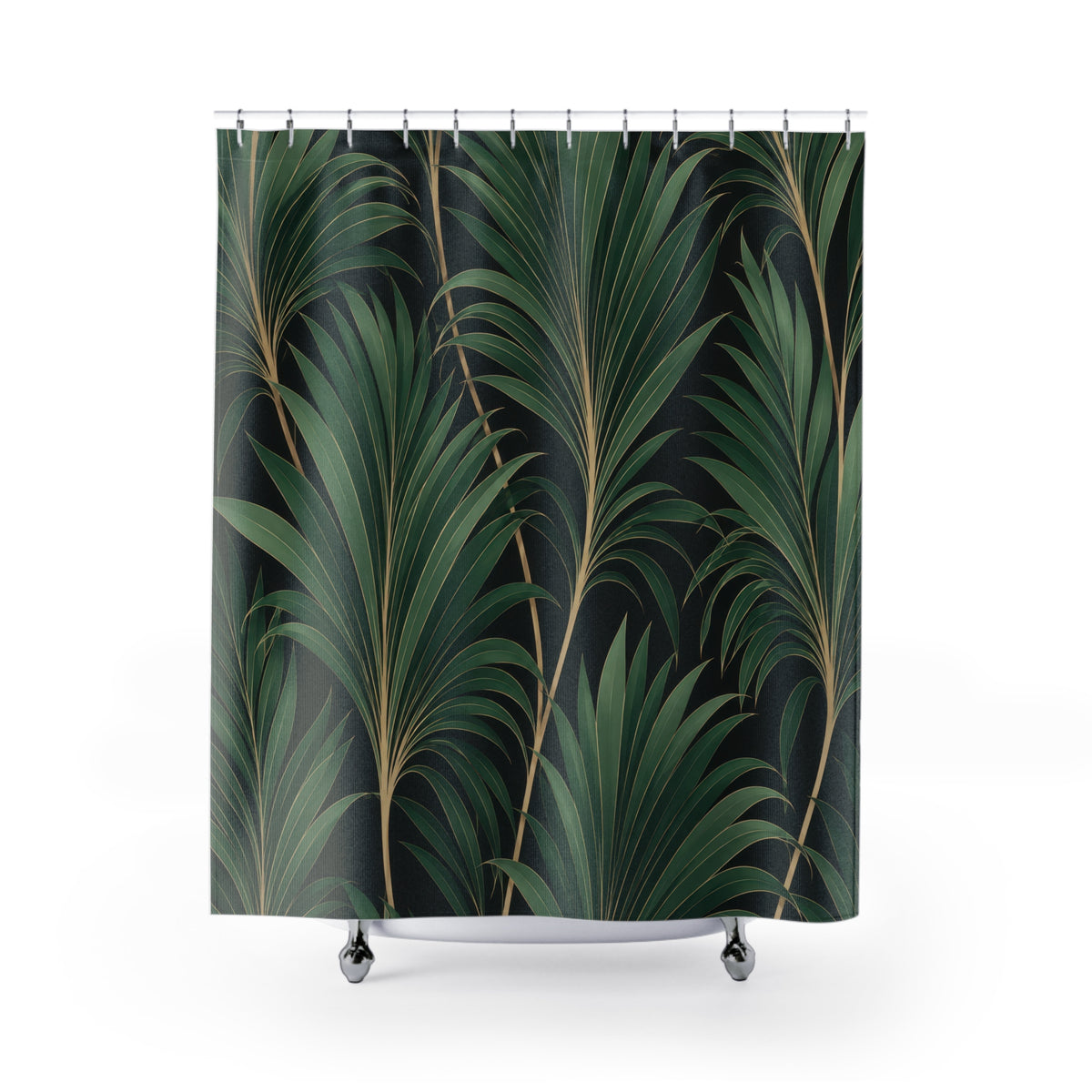 Jade palm fans with fine gold-tone lines on black shower curtain with full front view