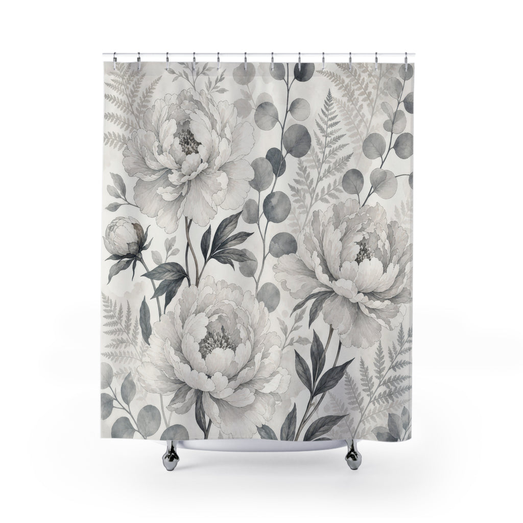Gray White Peony Botanical Shower Curtain