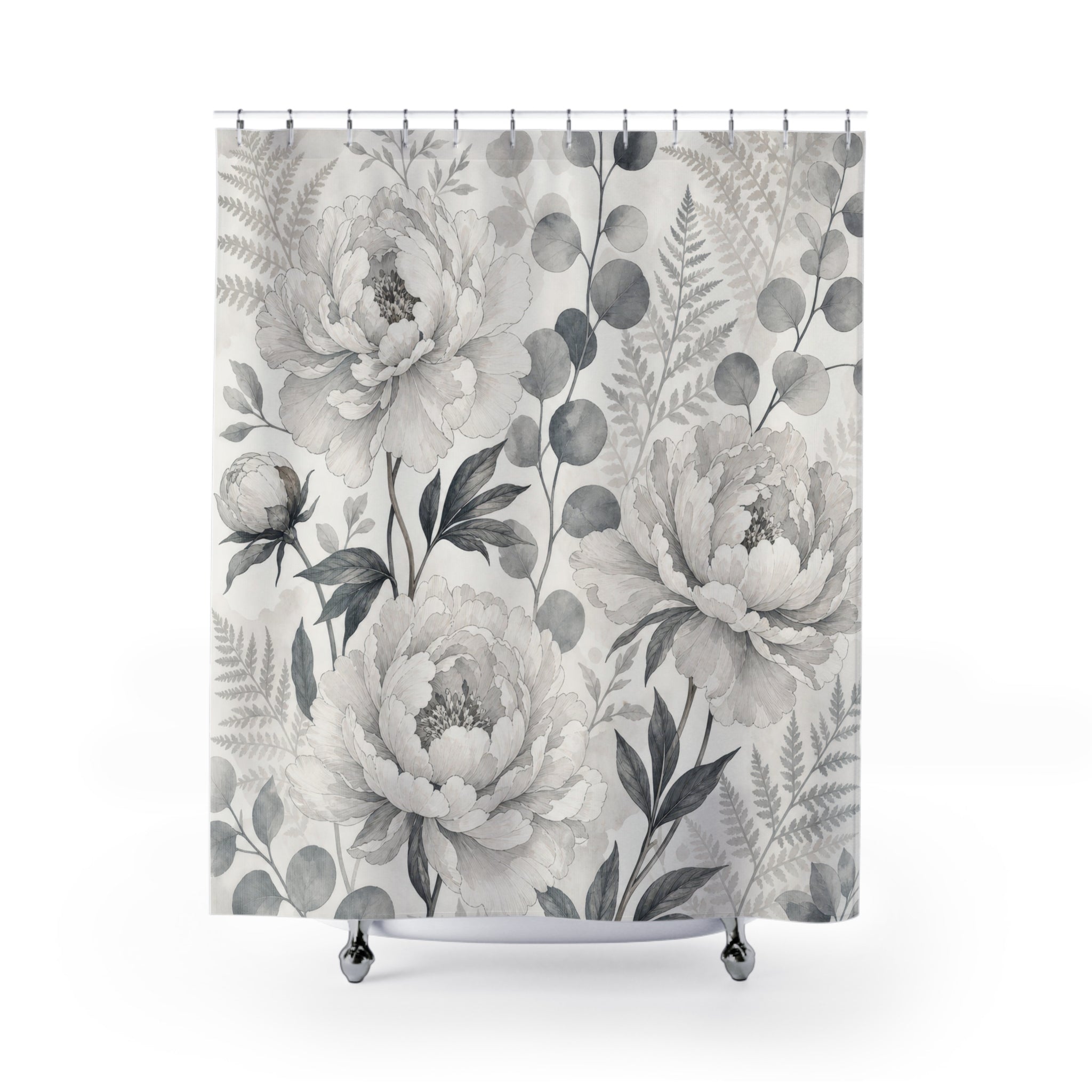 Gray White Peony Botanical Shower Curtain