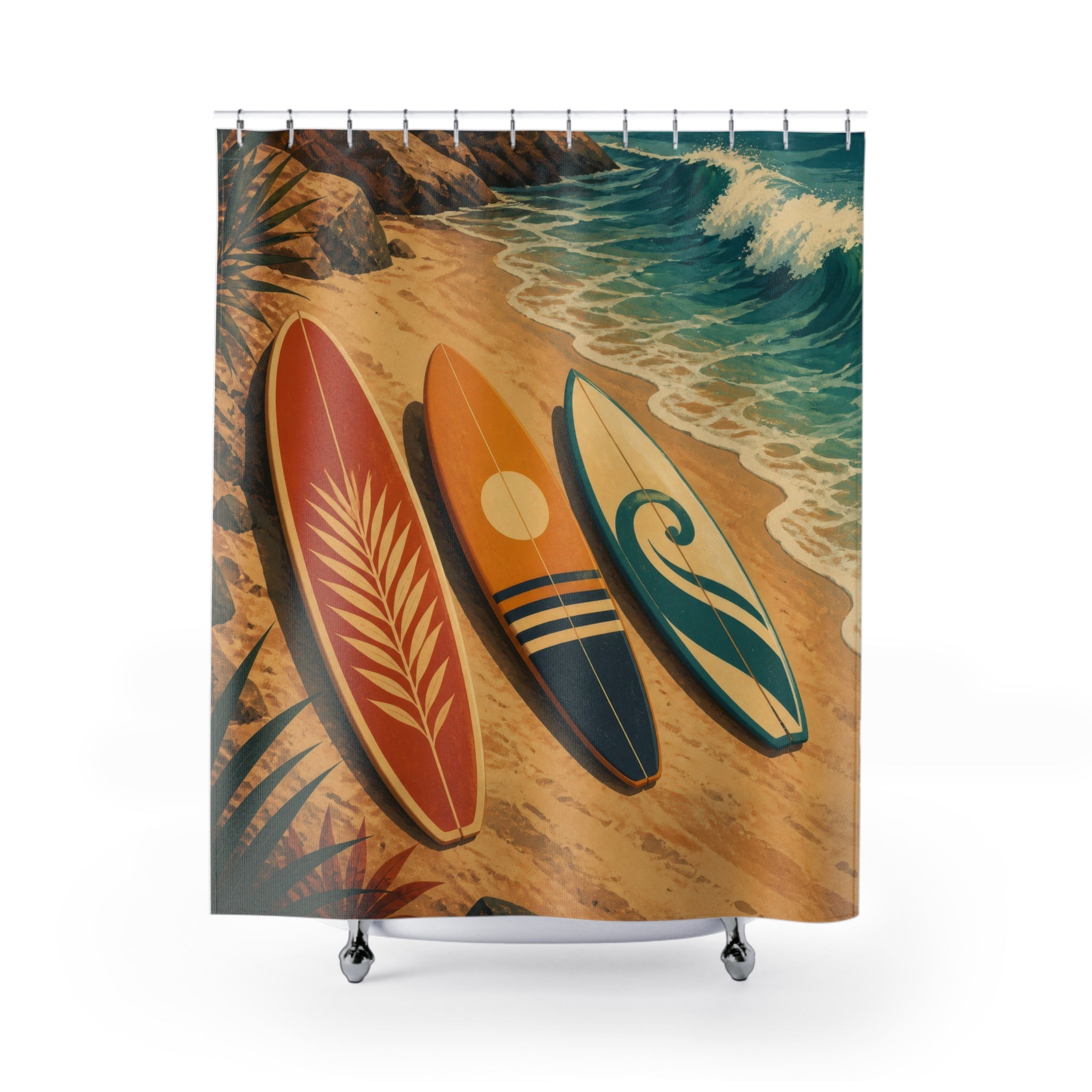 Vintage surfboards beside a curling teal wave shower curtain, full front view
