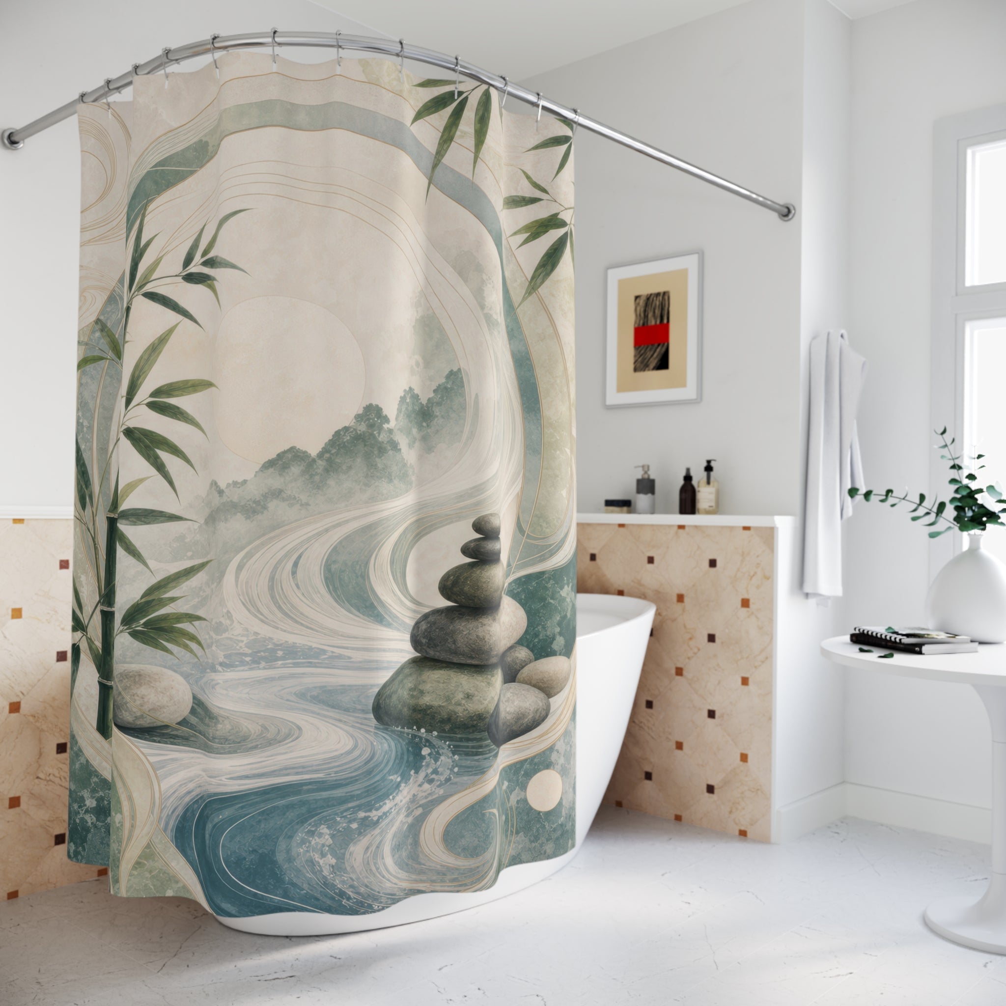 Feng Shui Shower Curtain, Jade Green Water Stone Bath Decor, Bamboo Leaf Circle Pattern, Zen Nature Inspired Guest Bathroom Spa Decor