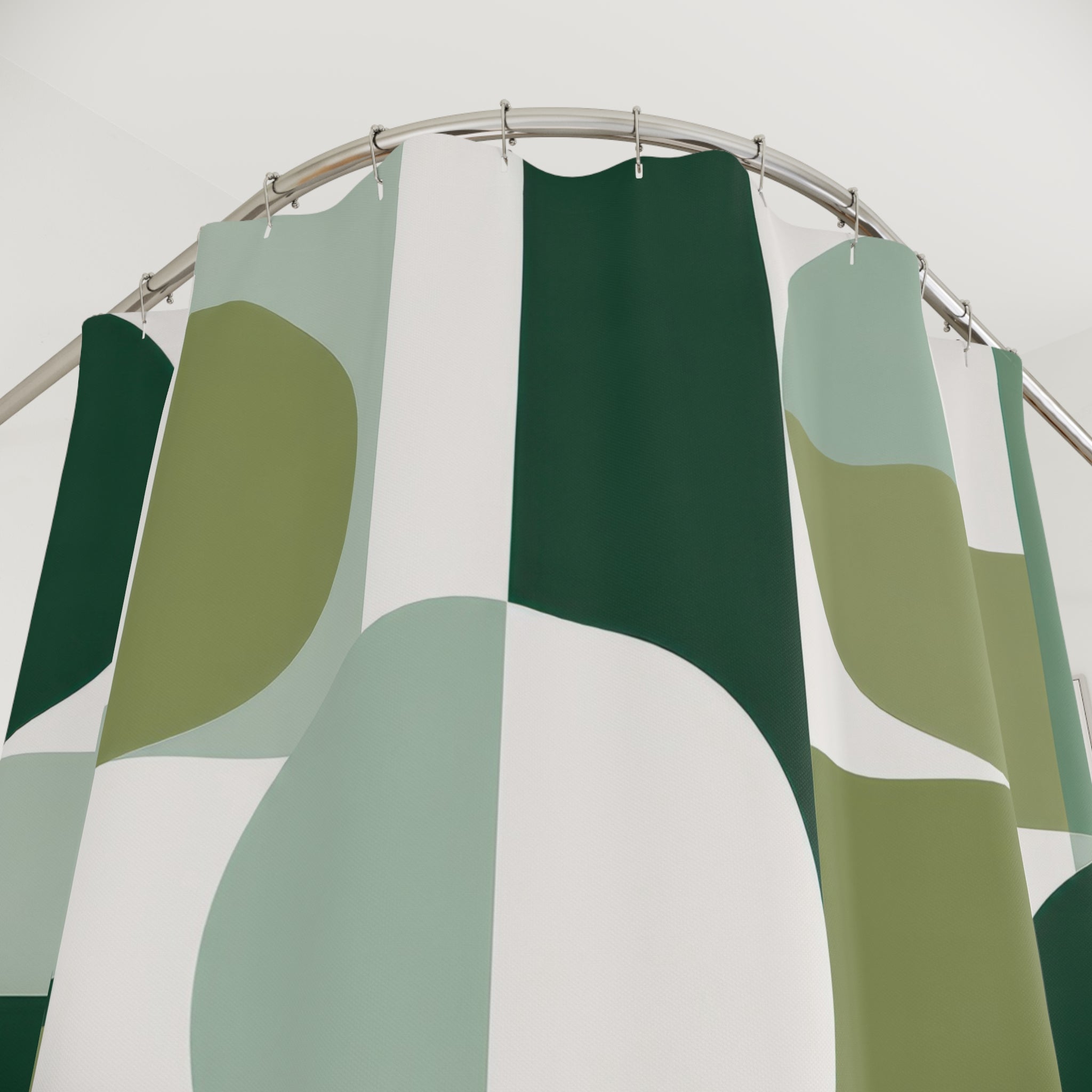 Green Geometric Shower Curtain, White Circle Bath Decor, Mid Century Block Pattern, Modern Guest Bathroom Decor, Sage Retro Style Decor