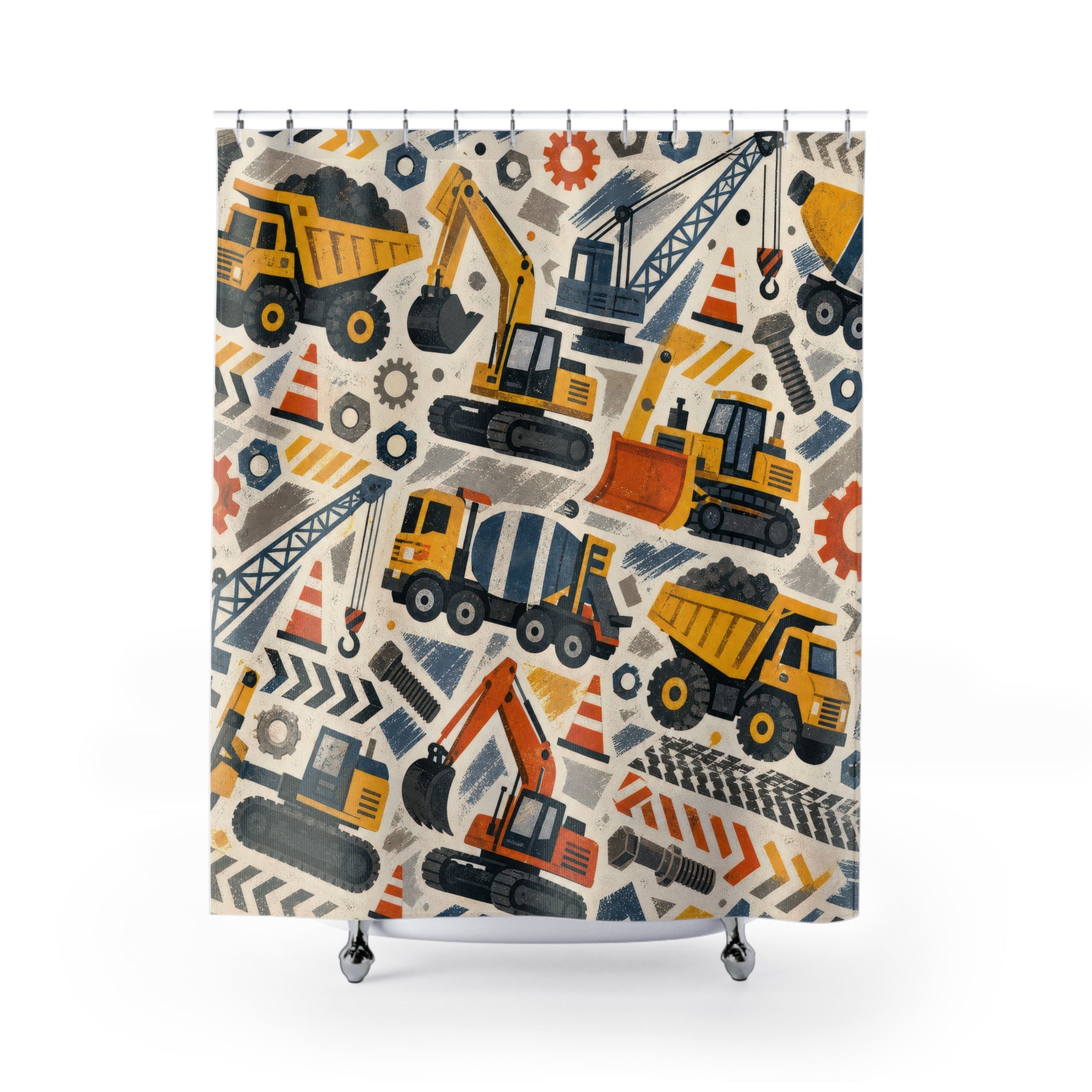 Construction Truck Shower Curtain, Excavator Kids Bathroom Decor, Dump Truck Bath Curtain, Vehicle Bathroom Art for Boys, Boys Bath Decor