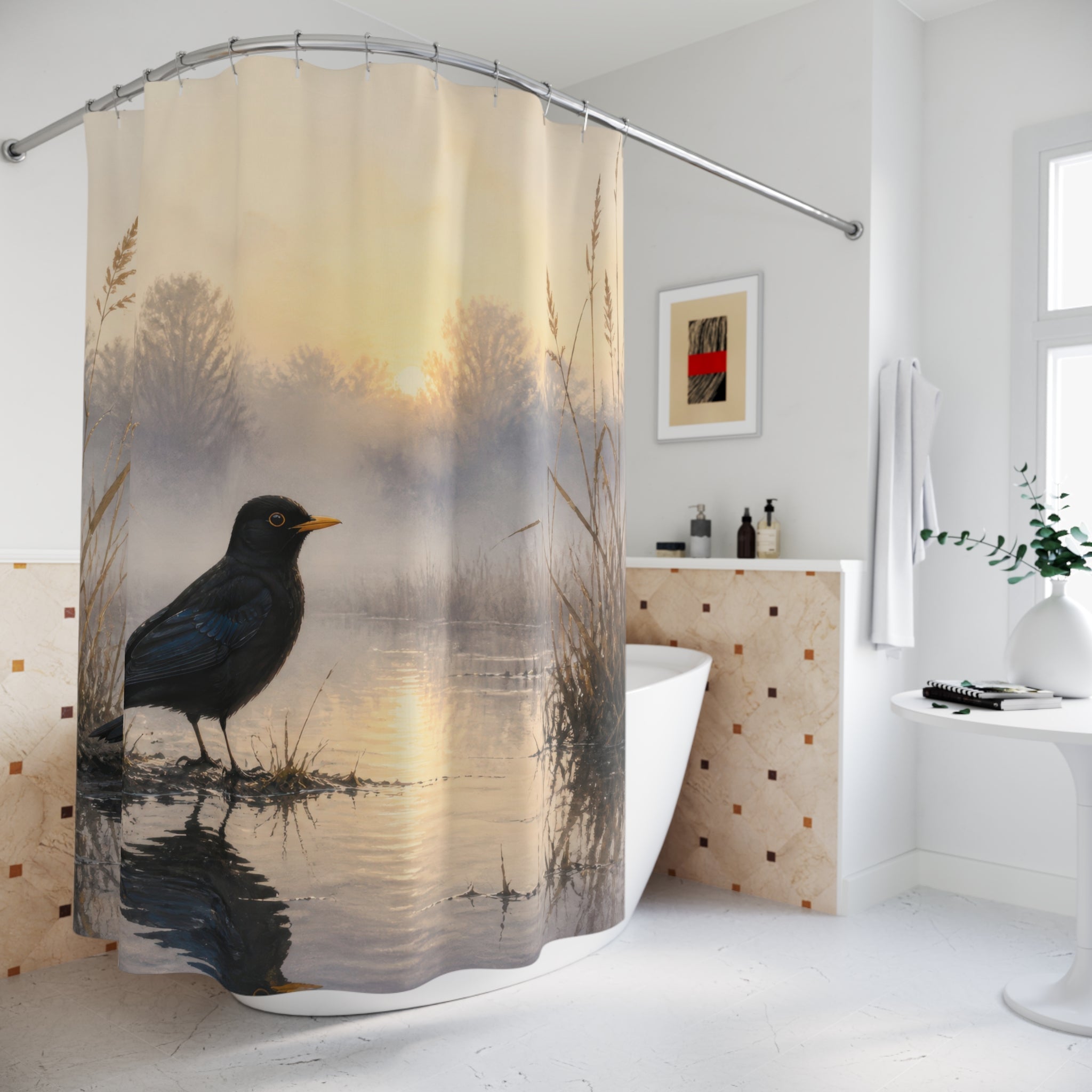 Blackbird beside a misty sunrise wetland reflection shower curtain beside a freestanding tub