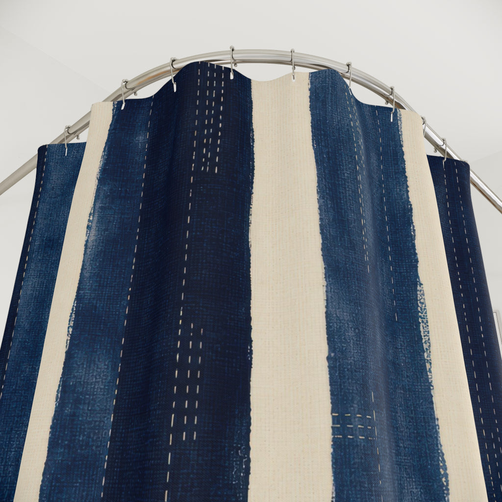 Textured Navy Indigo Stripe Shower Curtain