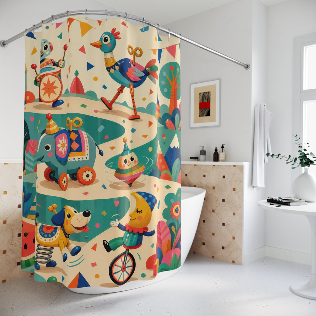 Whimsical clockwork toy parade with robot and animals shower curtain beside a freestanding tub