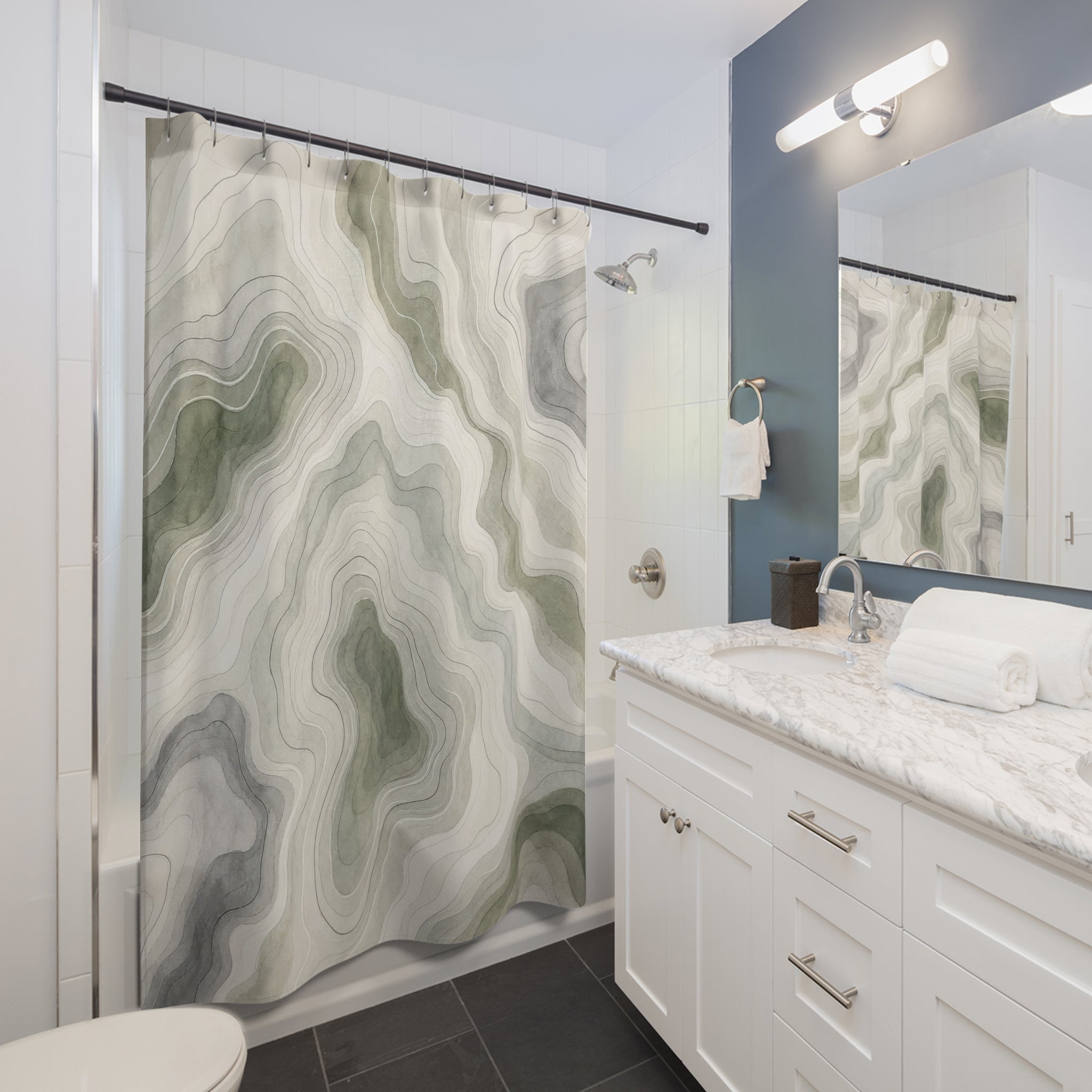 Green Topographic Shower Curtain, Sage Green Modern Bathroom Decor, Topographic Abstract Bath Curtain, Guest Bath Decor, Home Decor