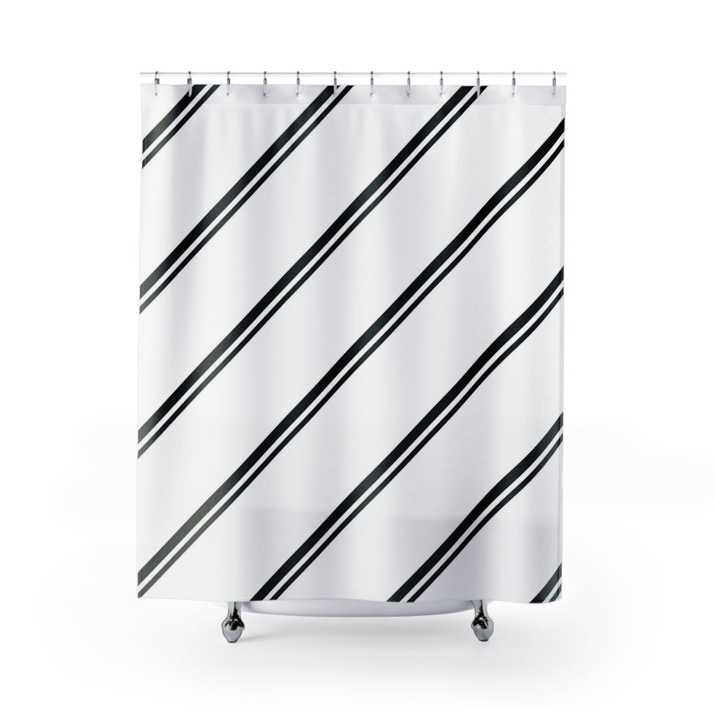 Paired black diagonal stripes across a white field shower curtain with full front view