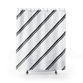 Paired black diagonal stripes across a white field shower curtain with full front view