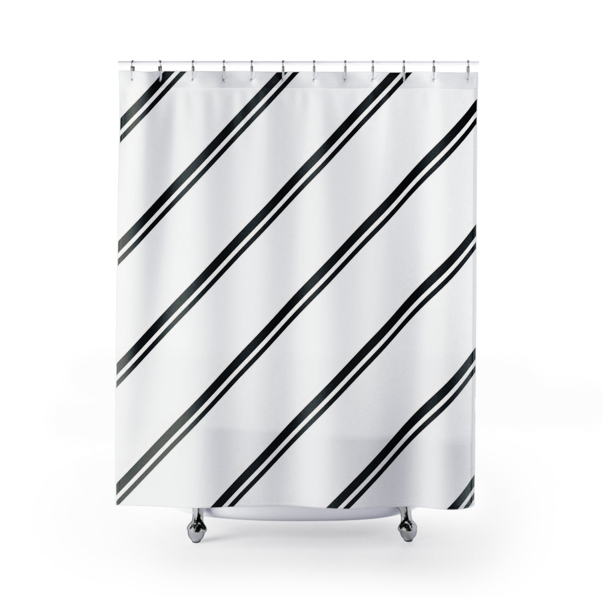 Paired black diagonal stripes across a white field shower curtain with full front view