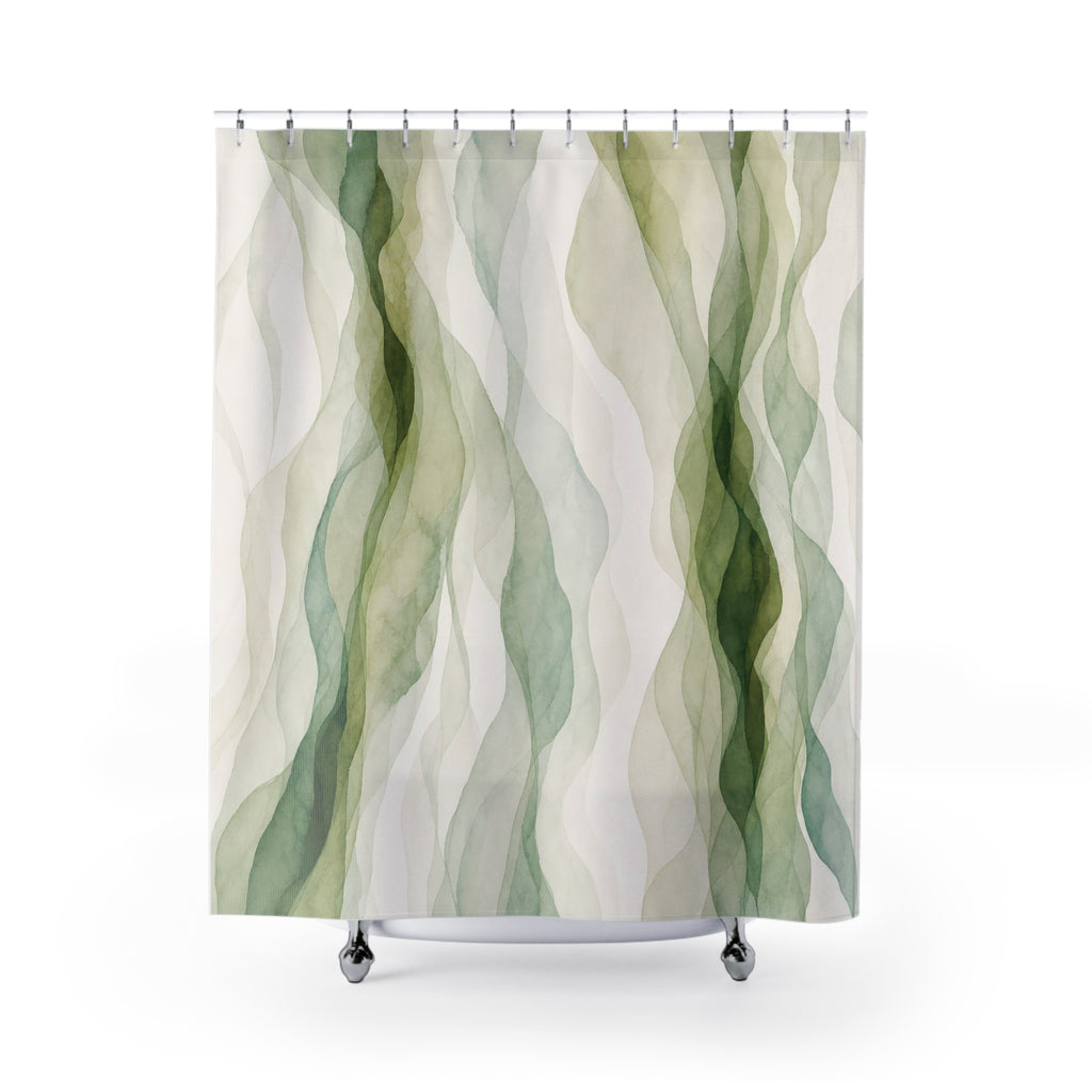 White Watercolor Green Stripe Shower Curtain
