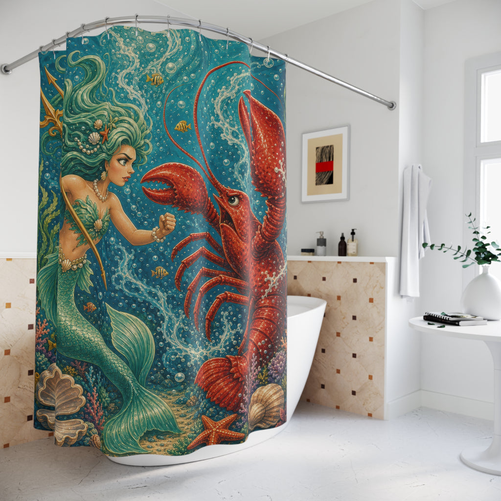 Unique Funny Mermaid Shower Curtain, Lobster Battle Underwater Fantasy Art, Teal Ocean Nautical Bathroom Decor, Coastal Guest Bath Gift