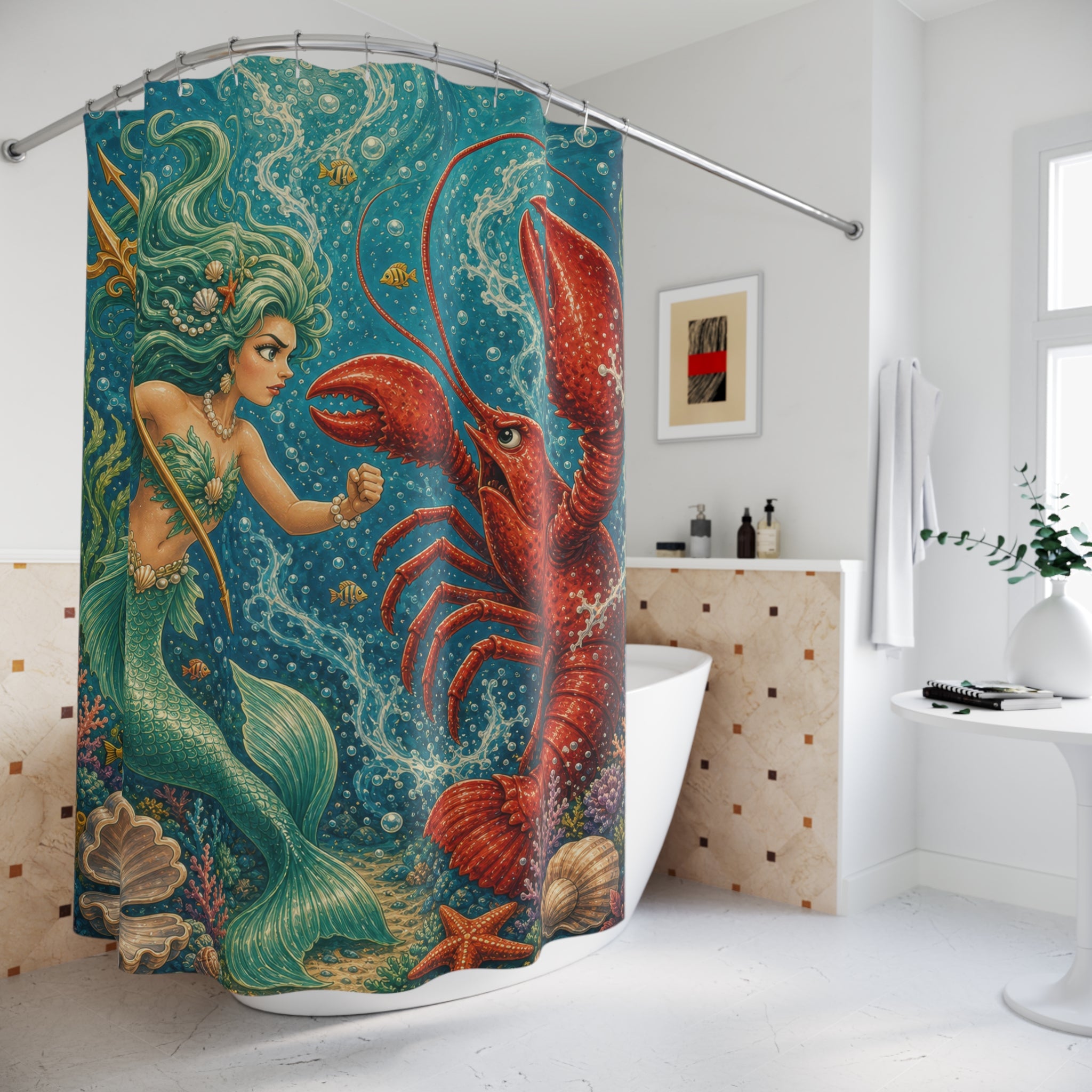 Unique Funny Mermaid Shower Curtain, Lobster Battle Underwater Fantasy Art, Teal Ocean Nautical Bathroom Decor, Coastal Guest Bath Gift