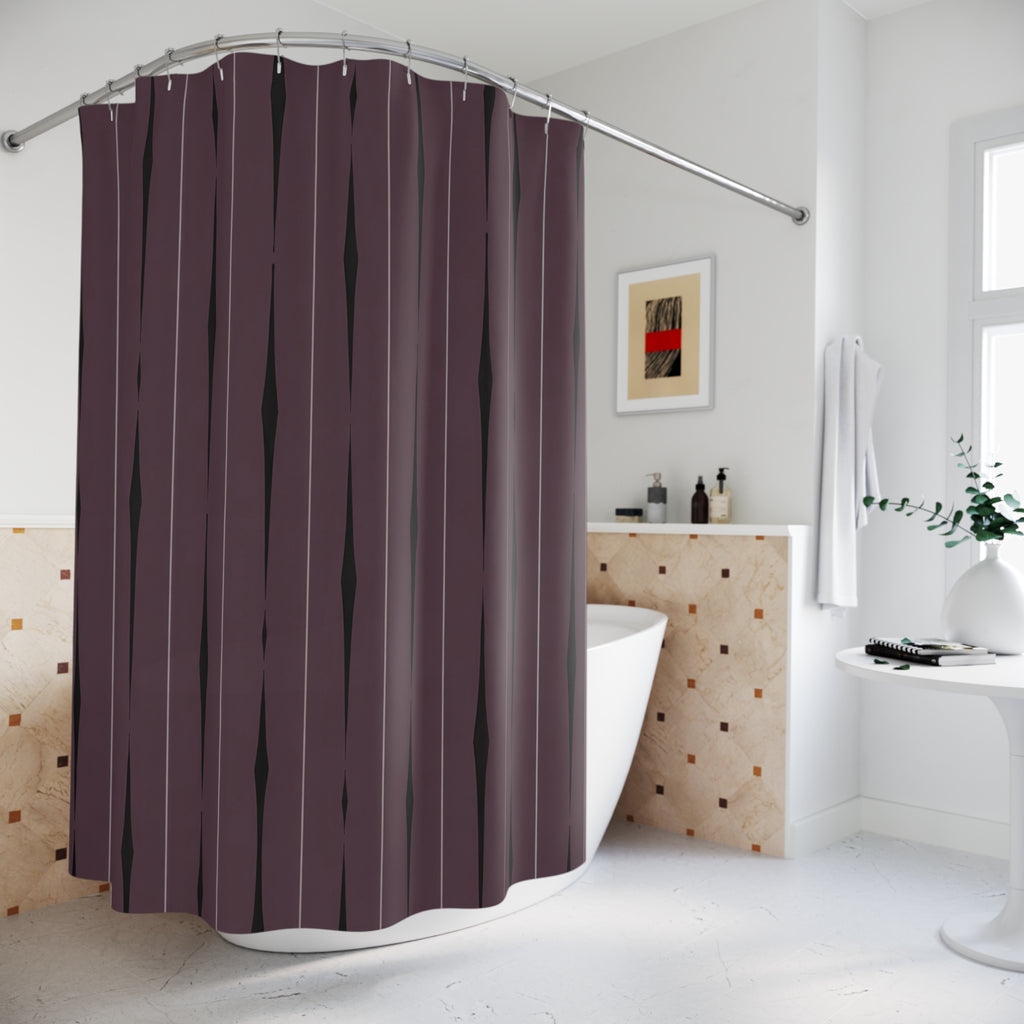Black tapered vertical strokes and gray lines on smoky plum shower curtain beside a freestanding tub