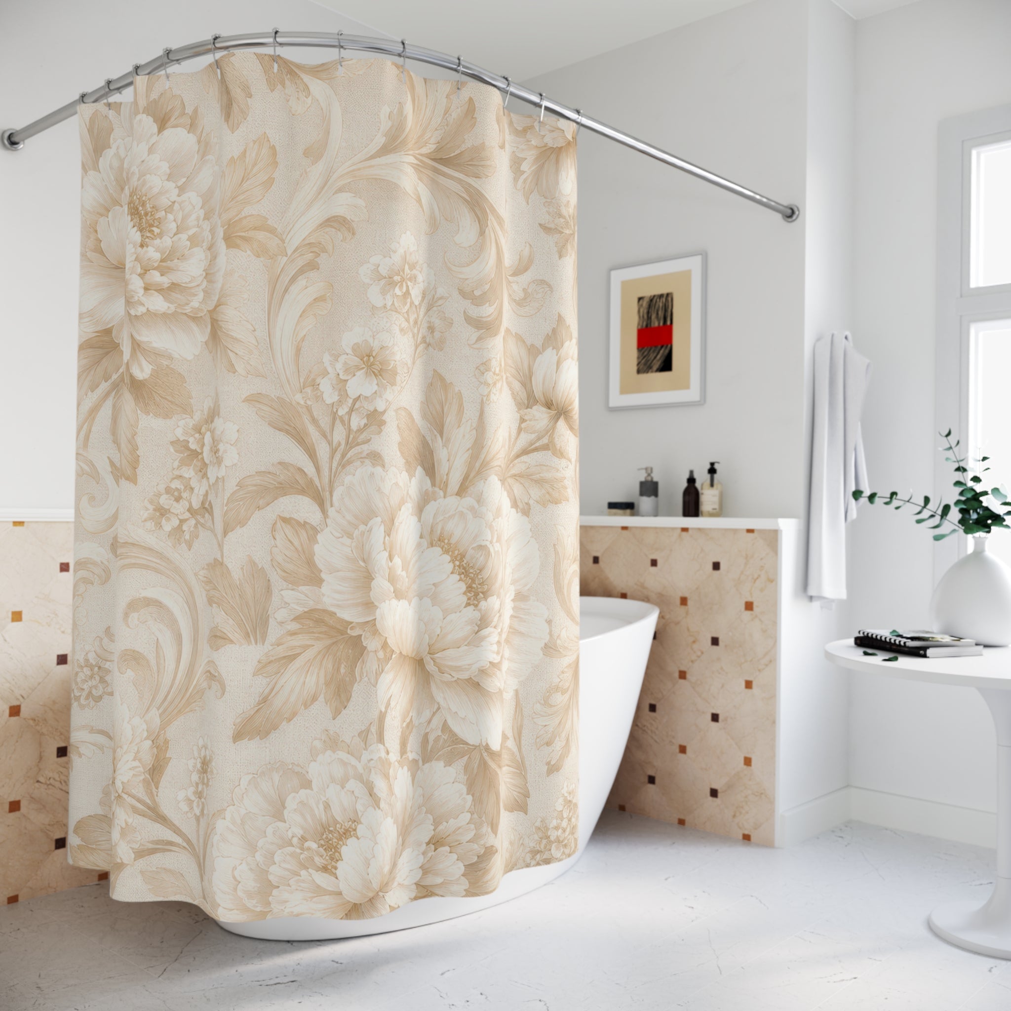 Elegant Beige Shower Curtain: Cream Floral Botanical Pattern