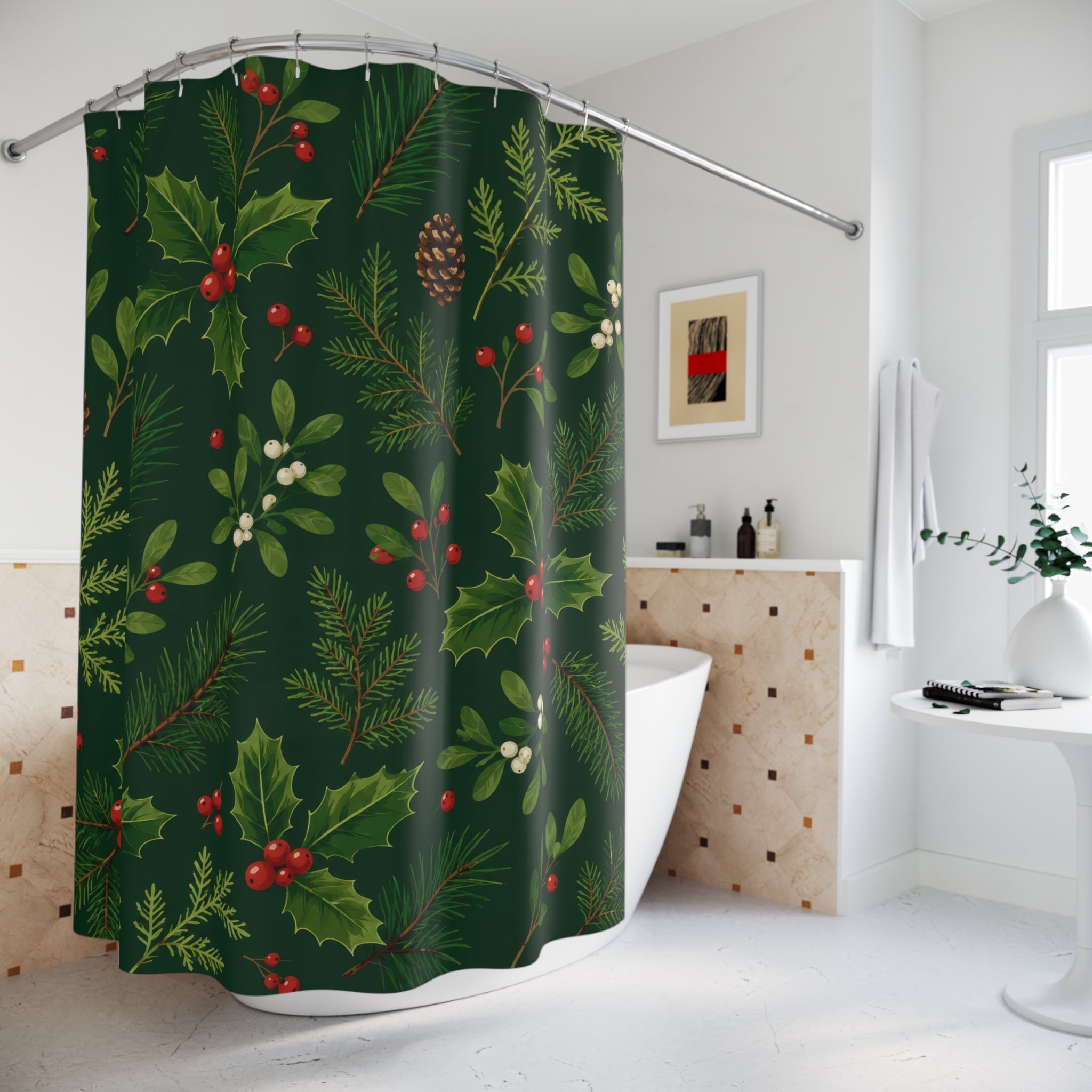 Christmas Shower Curtain: Green Botanical Holiday