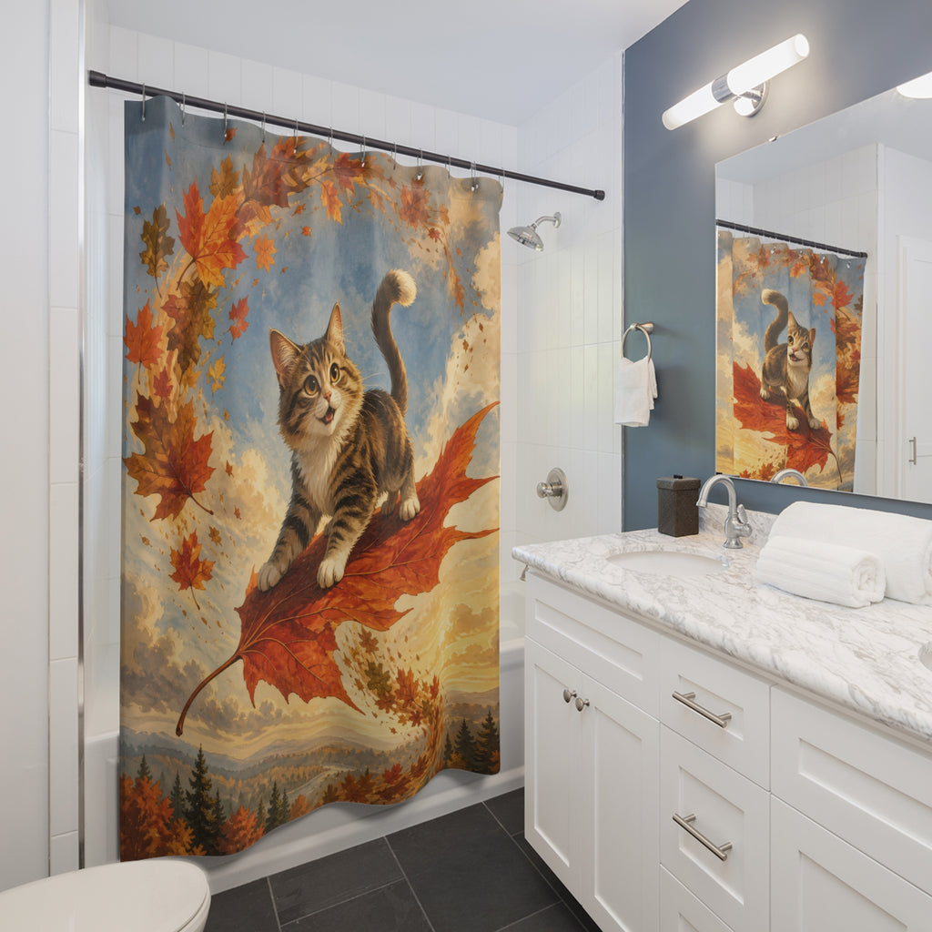 Cat surfing a giant maple leaf through autumn foliage shower curtain beside a white vanity