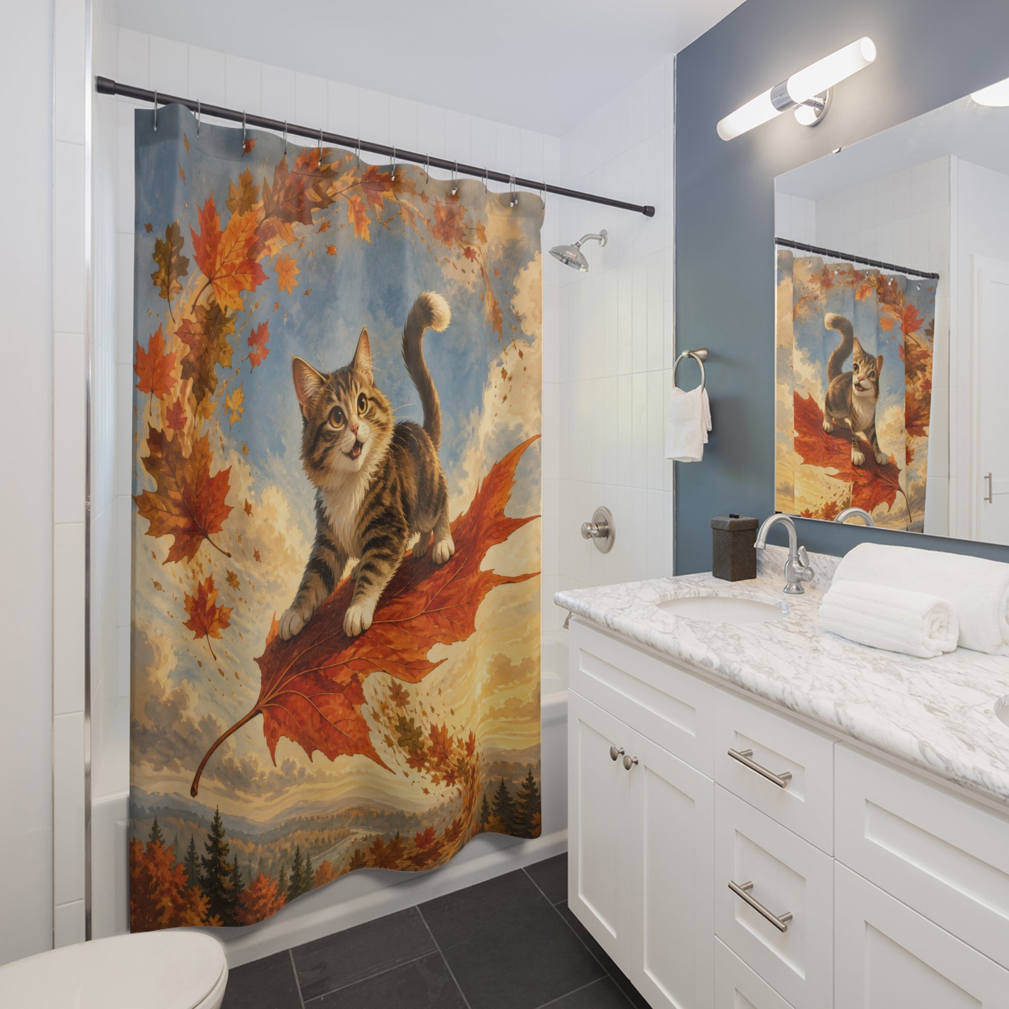 Cat surfing a giant maple leaf through autumn foliage shower curtain beside a white vanity