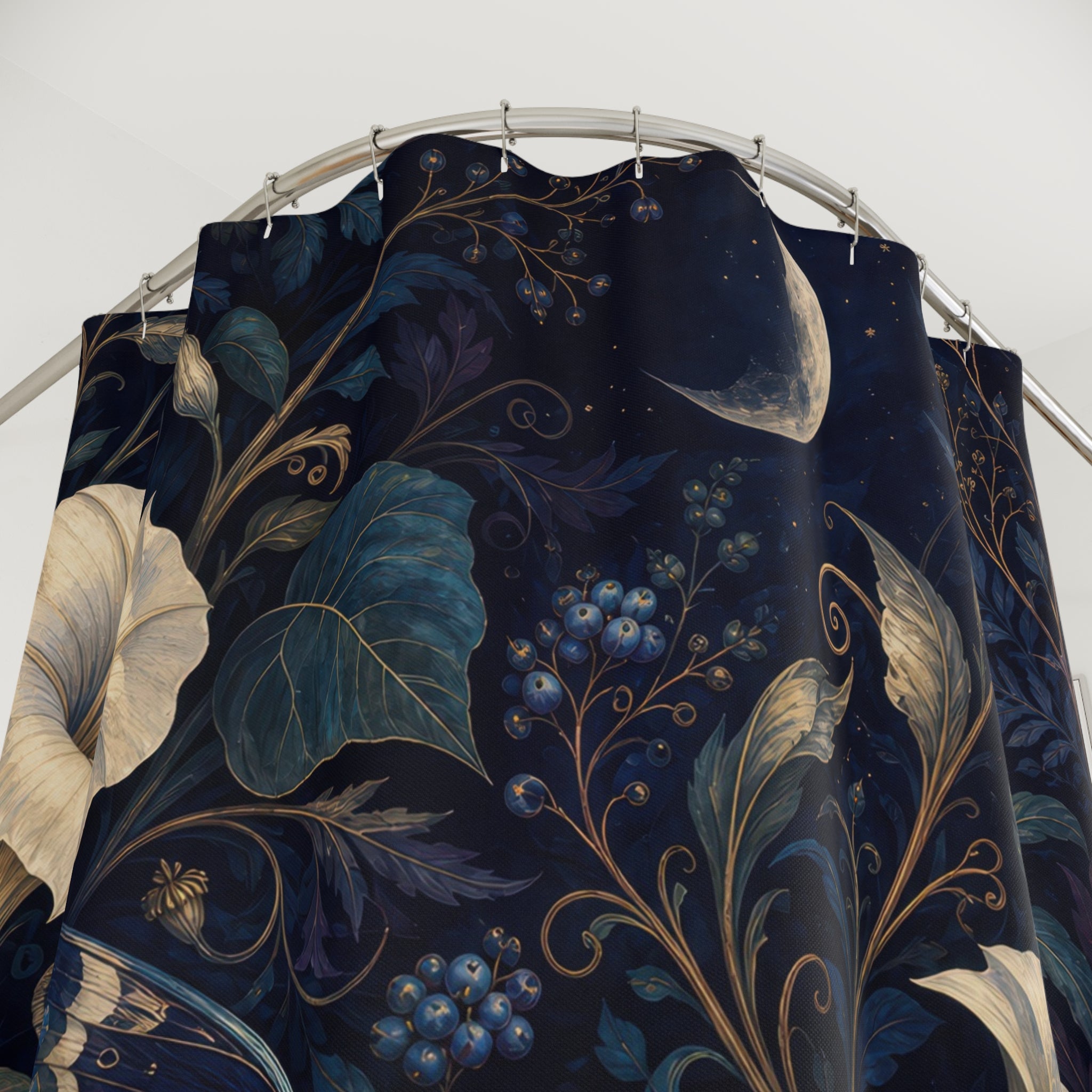 Midnight Moth Garden Navy Blue Shower Curtain