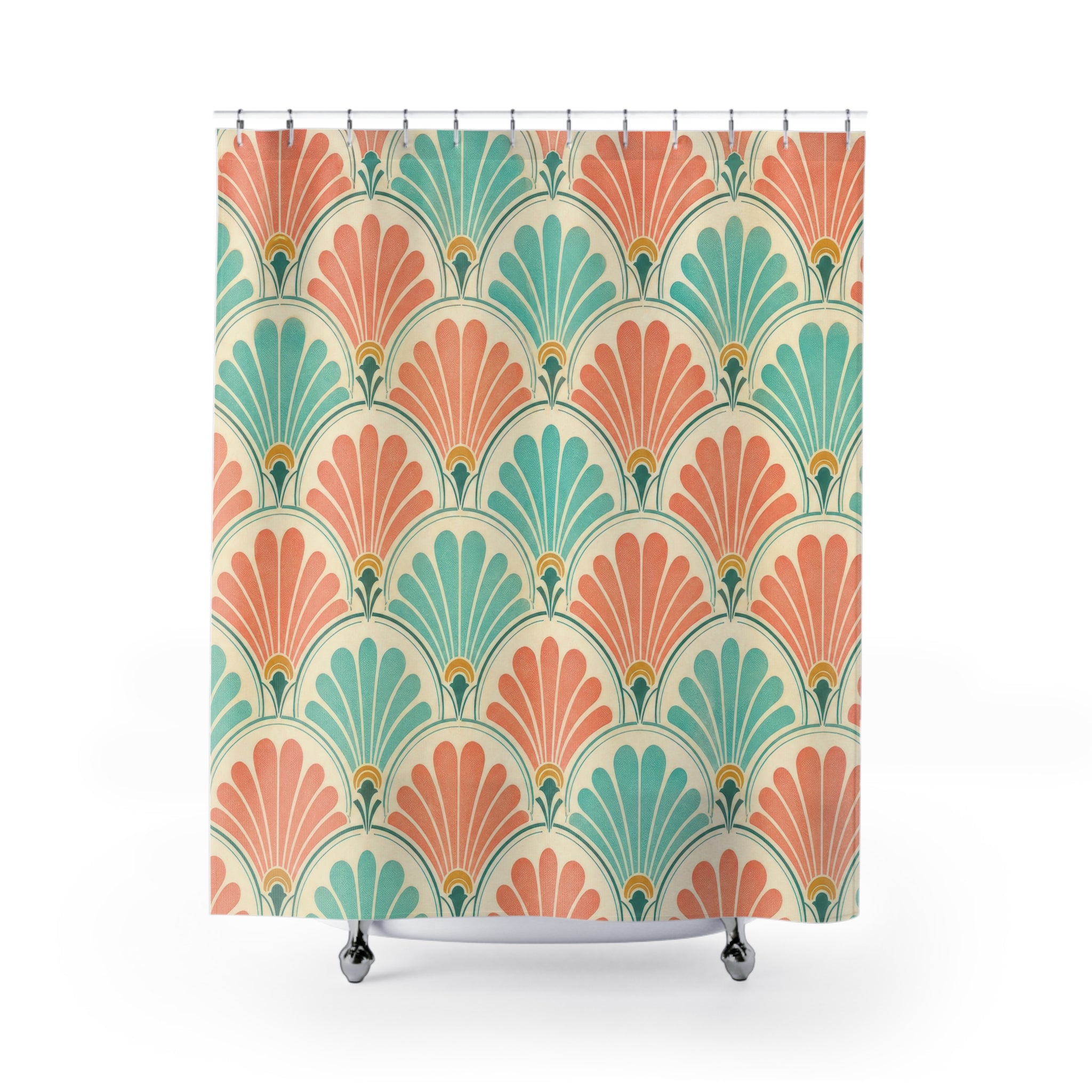 Peach Teal Scallop Shell Fan Retro Shower Curtain