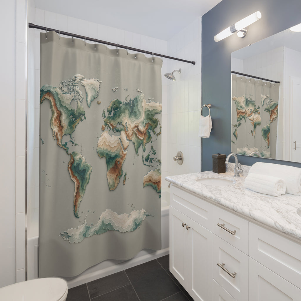 Teal and cream world map with shaded contour bands shower curtain beside a white vanity